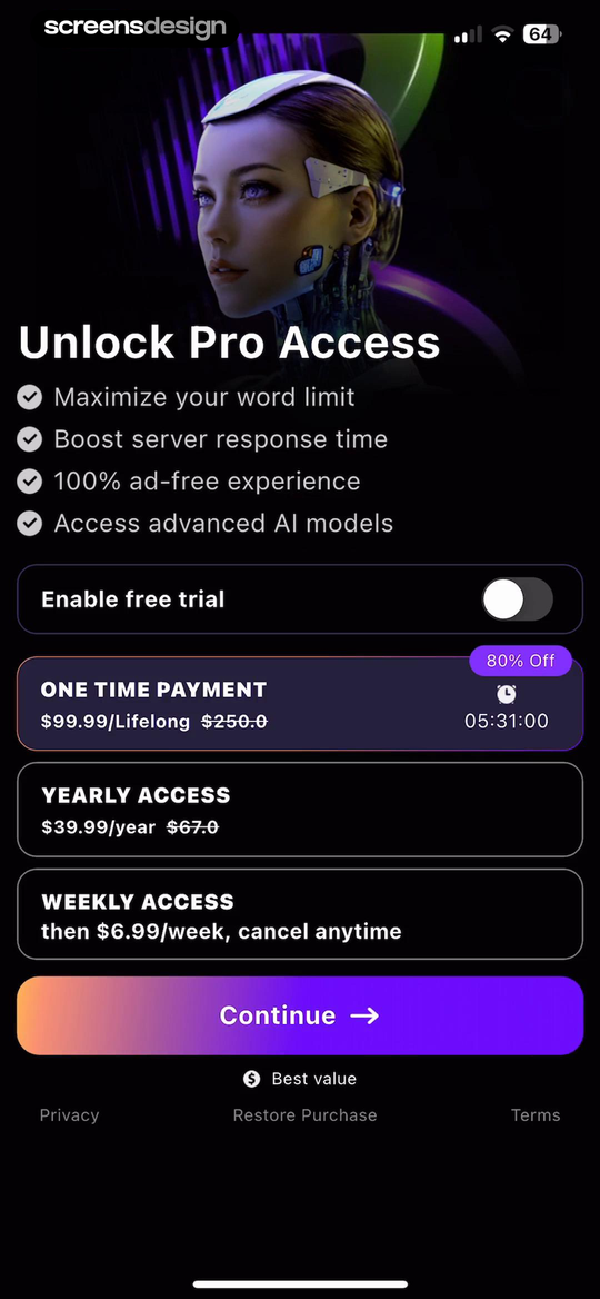 G.AI 4.1 -AI Chatbot Assistant mobile app screen showing Unlock Pro Access and Maximize your word limit