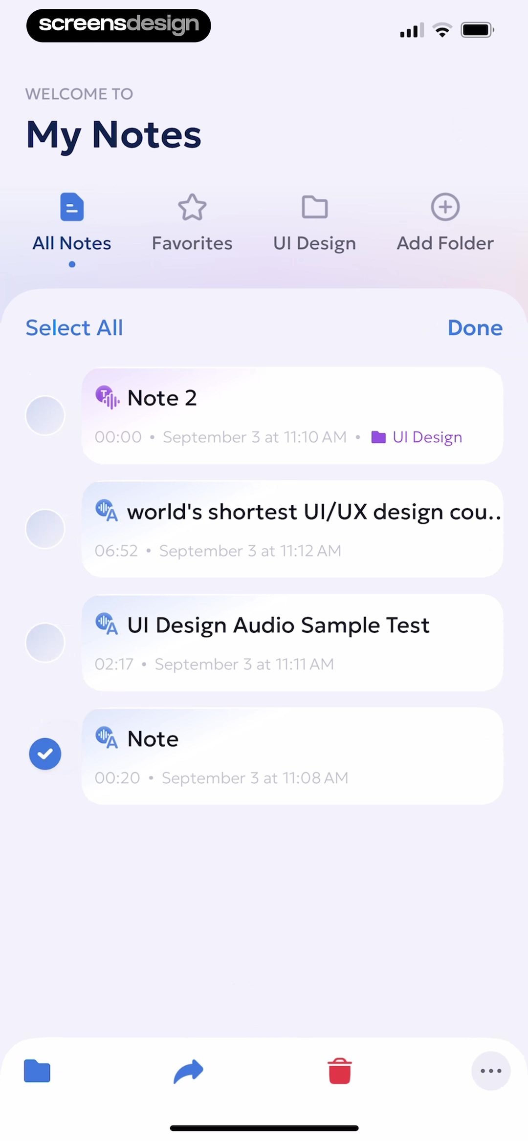 AI Summary My Notes library with folders and note list