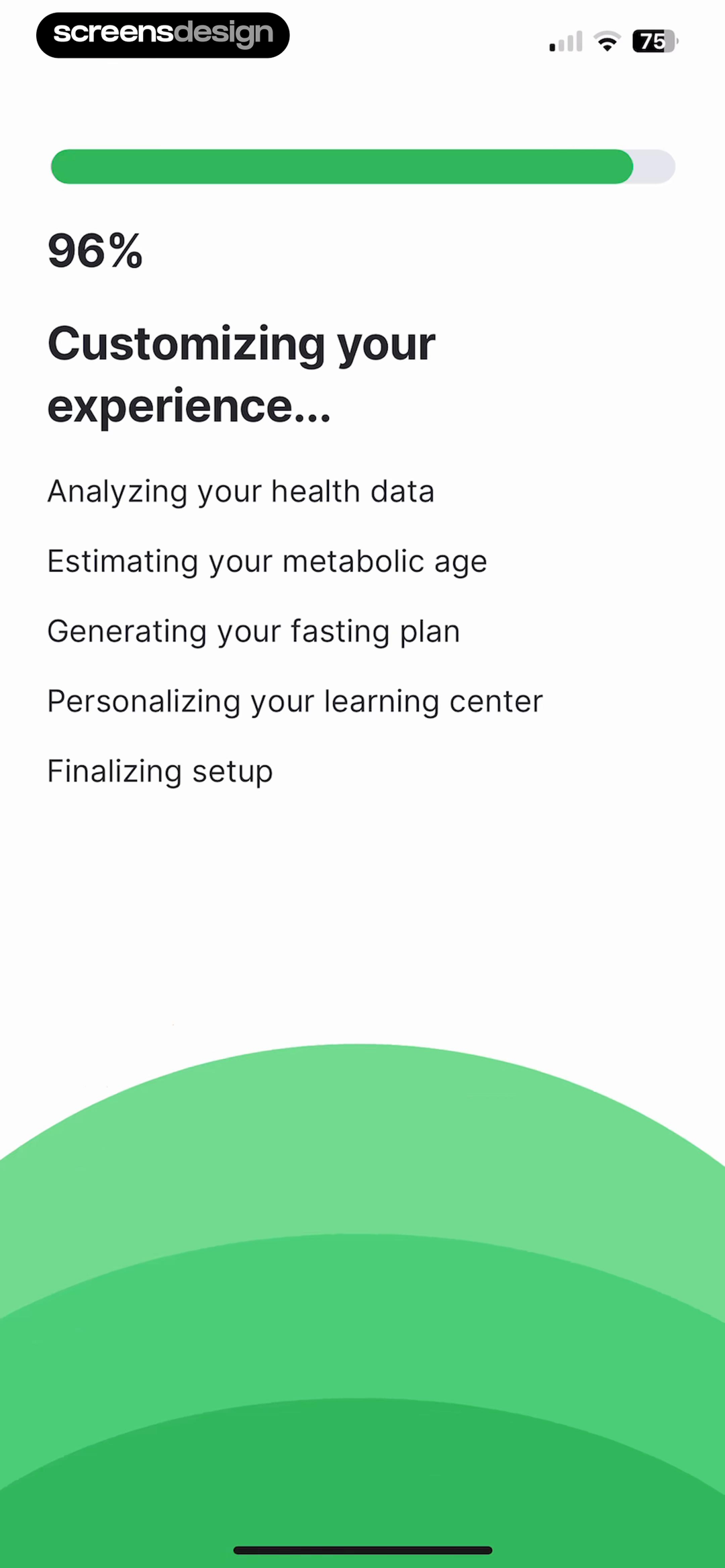 Fitself onboarding loading screen at 96 percent with Finalizing setup as the last stage