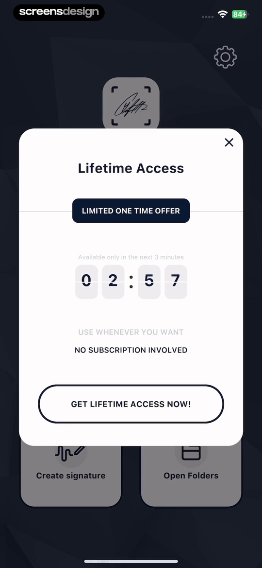 e Signature Scanner, Sign PDF mobile app screen showing Lifetime Access and LIMITED ONE TIME OFFER