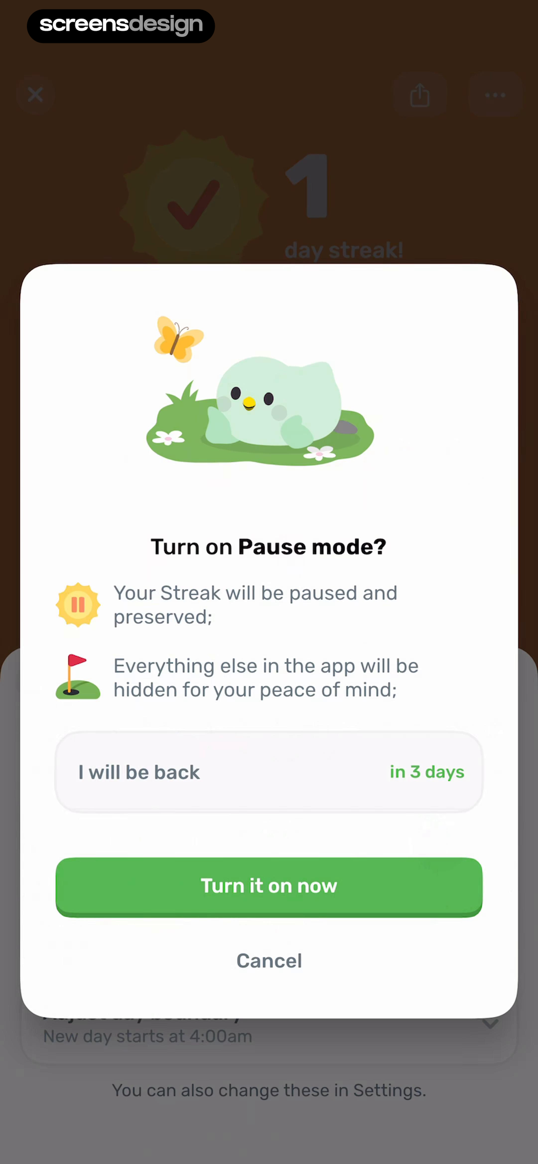 Finch: Self-Care Pet screen showing pause mode states that the streak is preserved and lets the person choose when they expect to return.