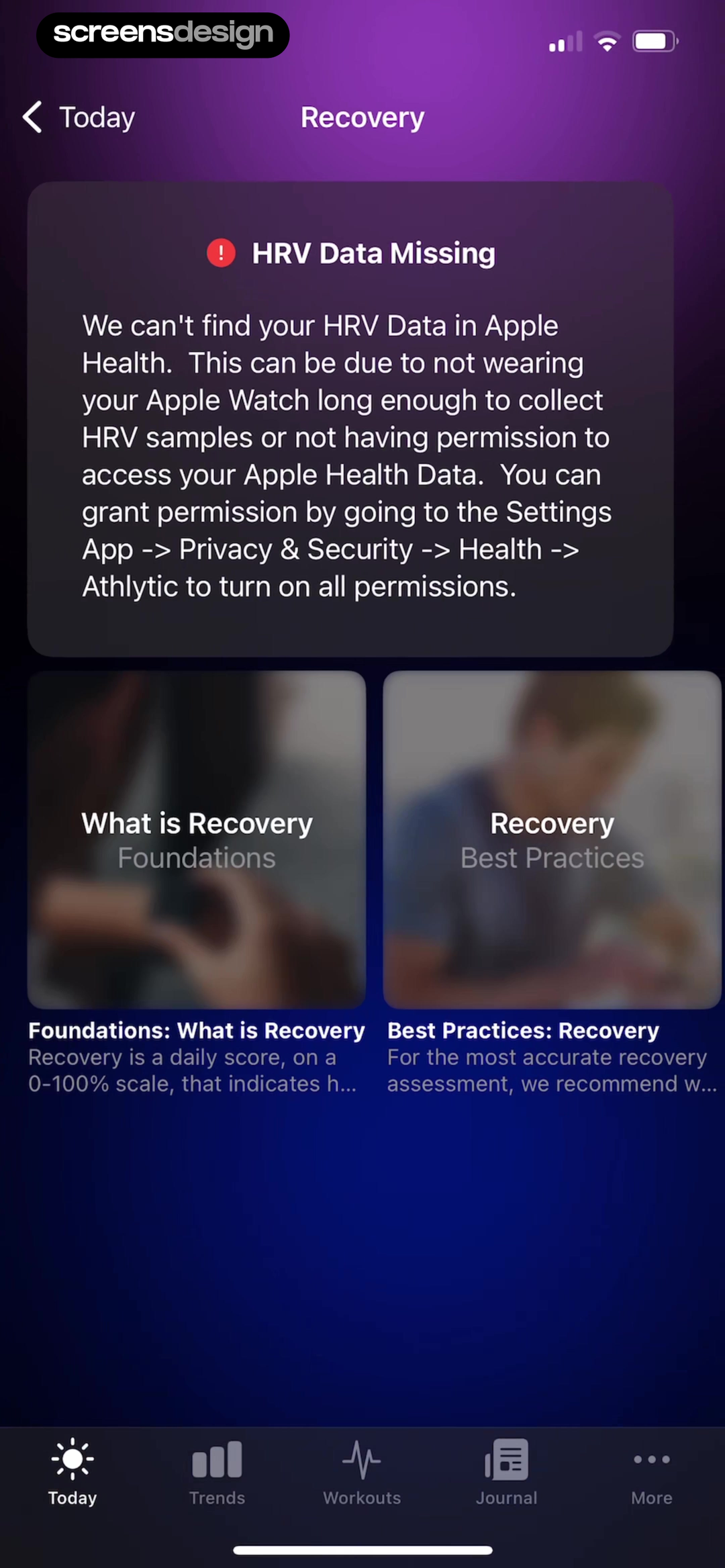 Athlytic empty recovery view explaining missing HRV data