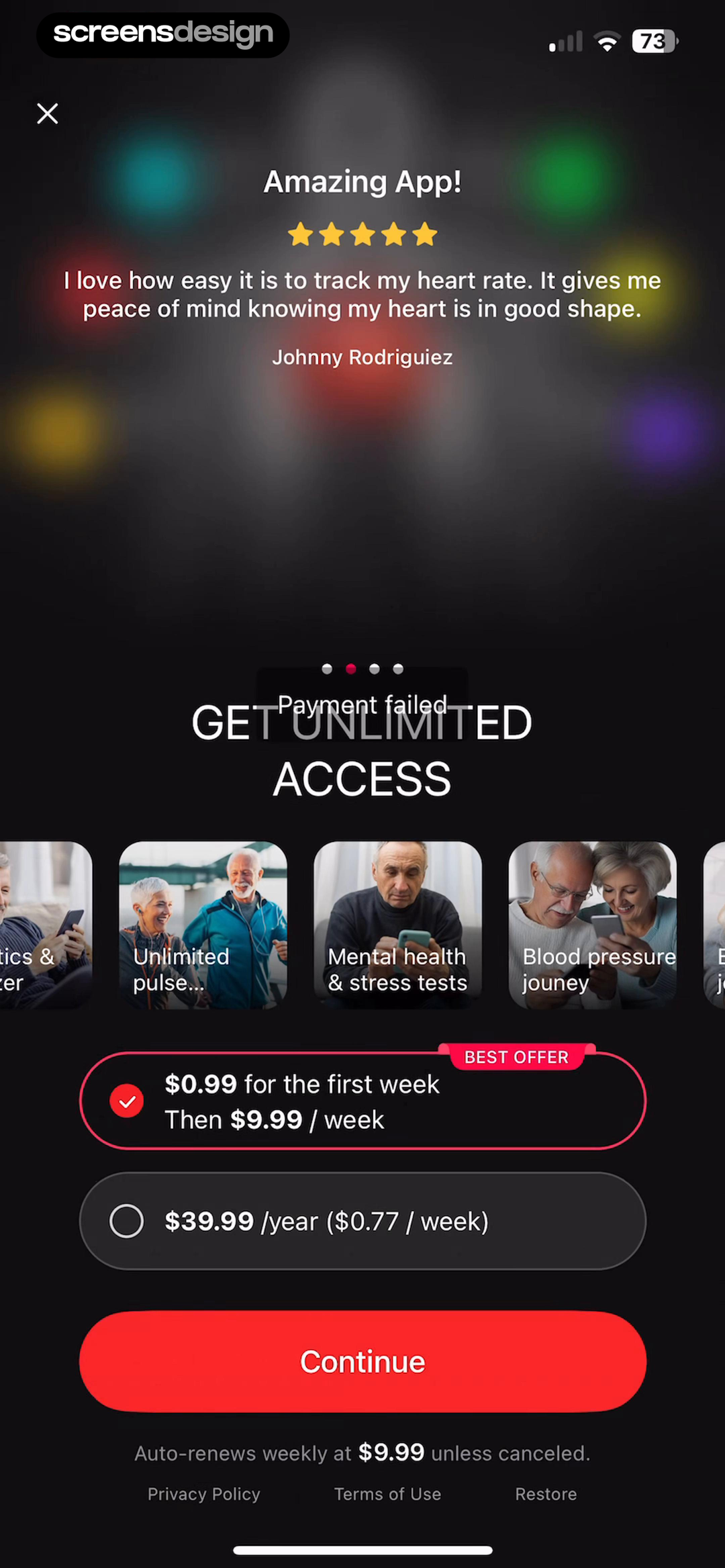 iCardio - Heart Rate Tracker screen showing payment failed remains visible inside the unlimited-access offer instead of silently dismissing the purchase.