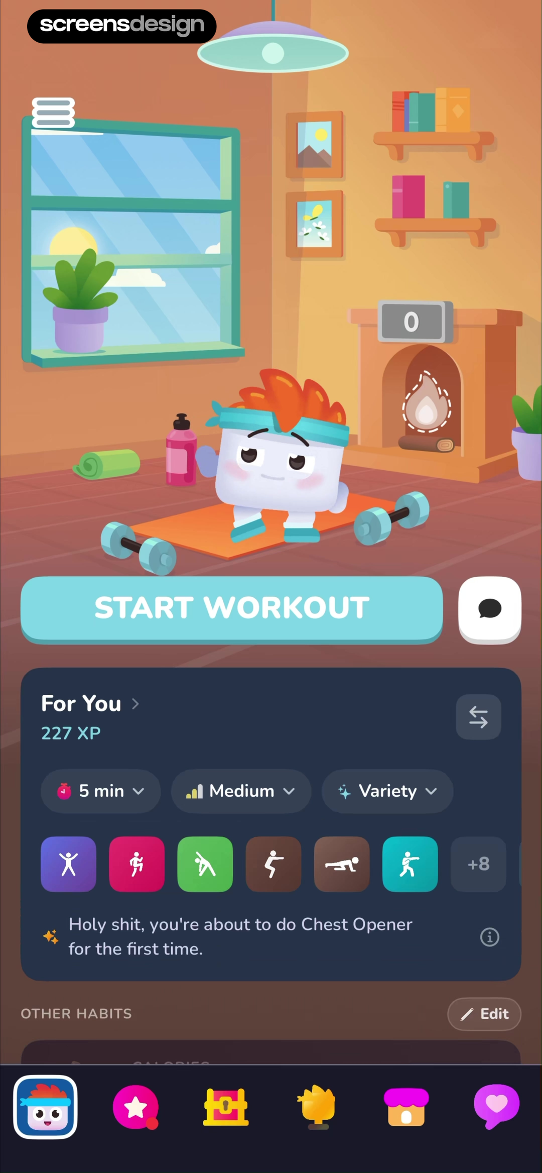 Luvu workout home screen combining an illustrated room, character, progress, and a start action