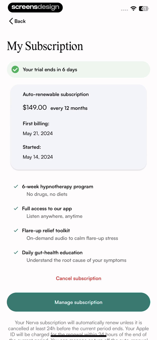 Nerva screen showing days remaining, yearly price, first billing date, included program access, and cancellation share one view