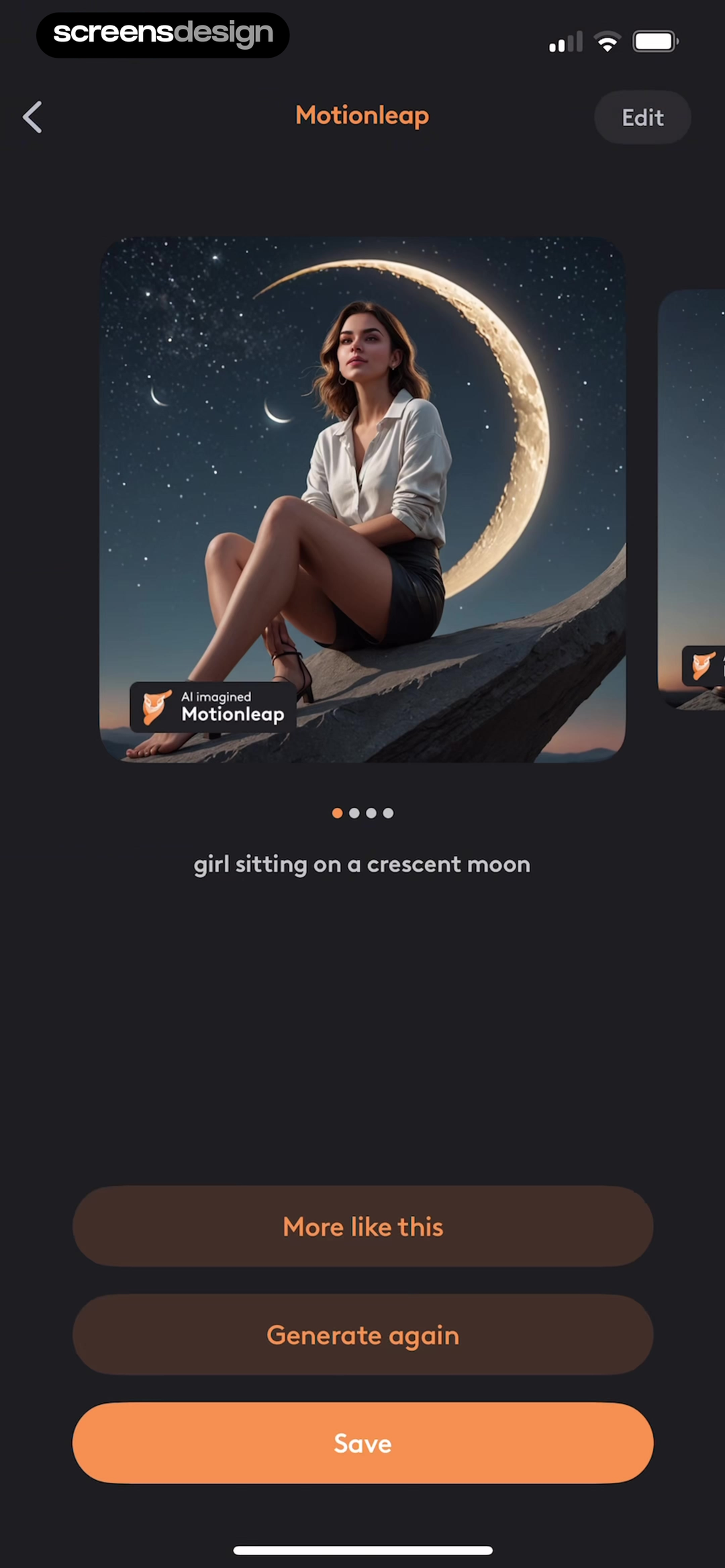 Motionleap generated crescent moon image with More like this, Generate again, Edit, and Save controls