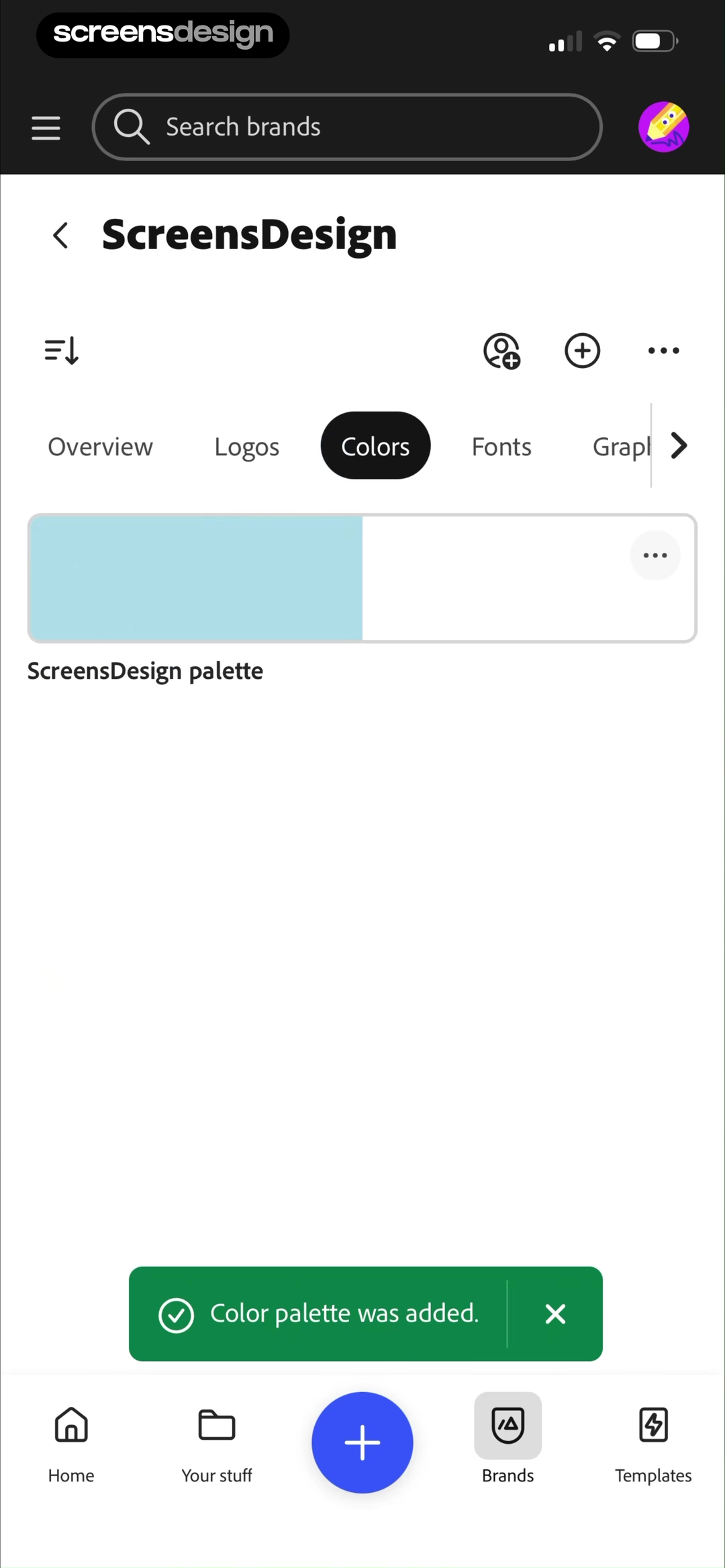 Adobe Express brand colors screen with navigation states, a saved palette, and success feedback