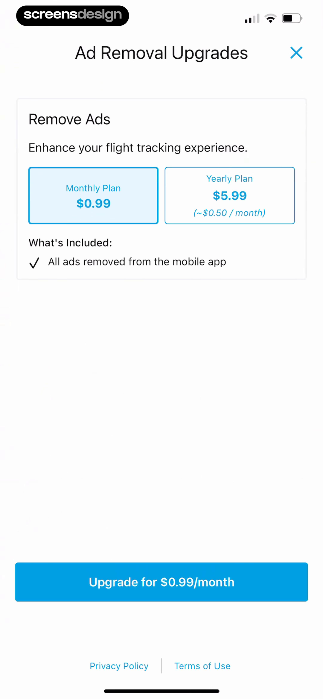 FlightAware Flight Tracker mobile app screen showing Ad Removal Upgrades and Remove Ads