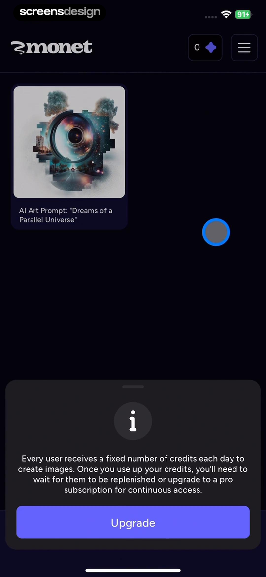 AI Image Generator - Monet mobile app screen showing AI Art Prompt: "Dreams of a Parallel Universe" and the next account action