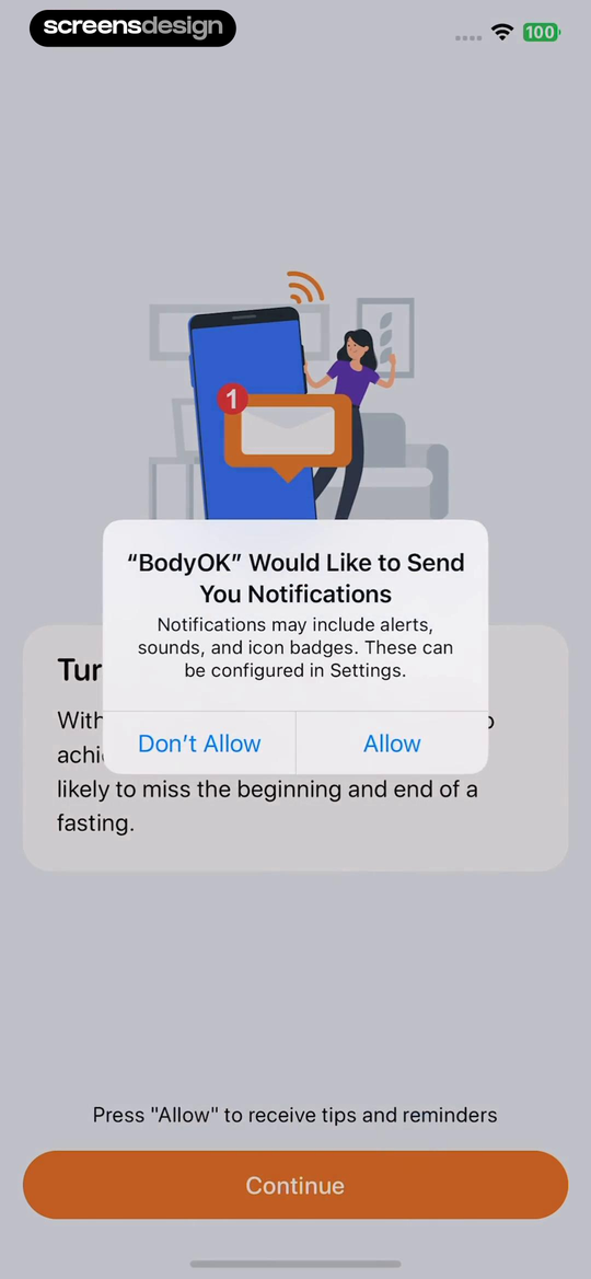BodyOK screen after Continue showing the native iOS notification alert over the warm-up content