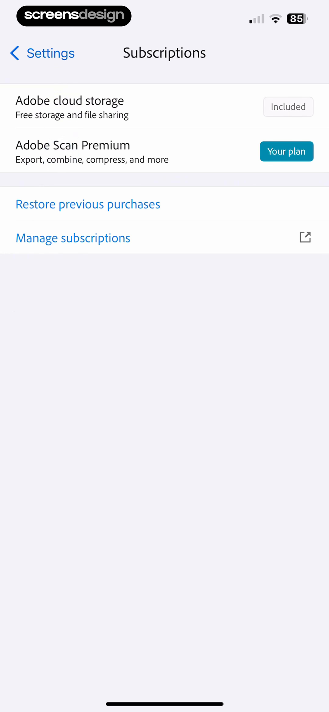 Adobe Scan: PDF & OCR Scanner screen showing free cloud storage and Scan Premium are distinguished before Restore previous purchases and Manage subscriptions.