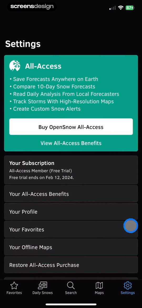 OpenSnow mobile app screen showing Save Forecasts Anywhere on Earth and Compare 10-Day Snow Forecasts