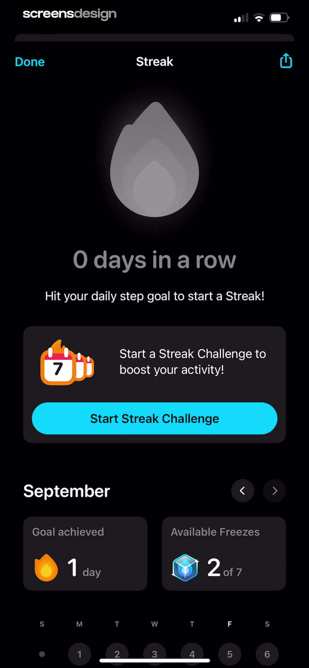 StepsApp Pedometer screen showing the zero state explains that reaching the step goal starts a streak and offers a challenge