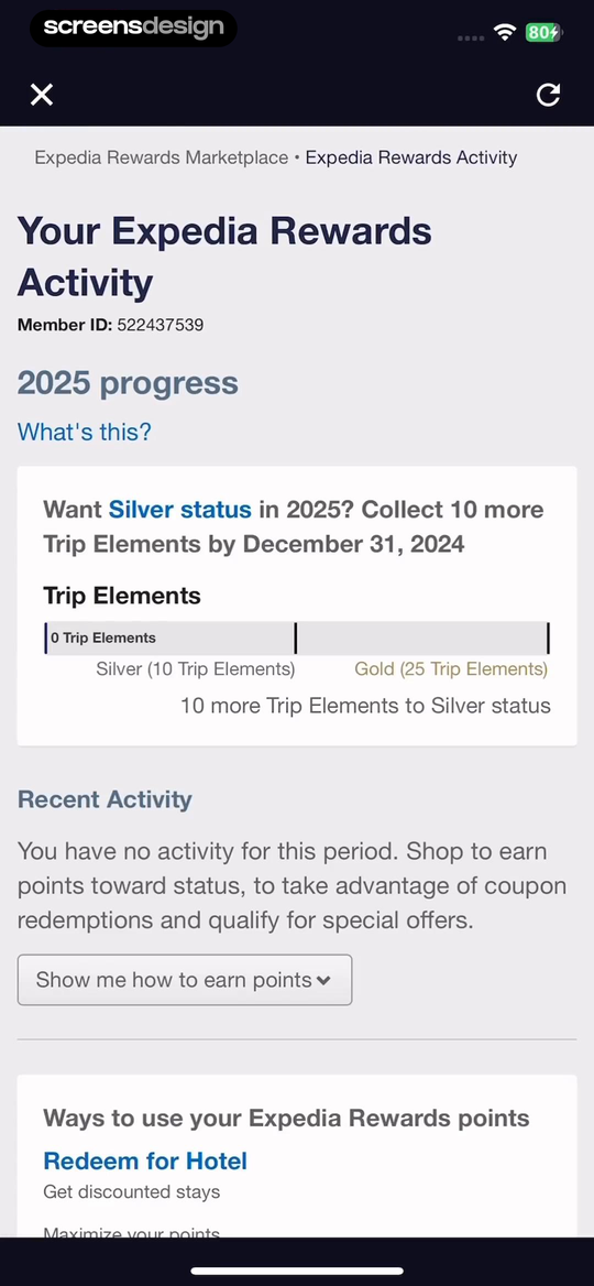 Expedia: Hotels, Flights, Cars screen showing the progress year, Trip Elements, Silver and Gold thresholds, and deadline explain status movement.
