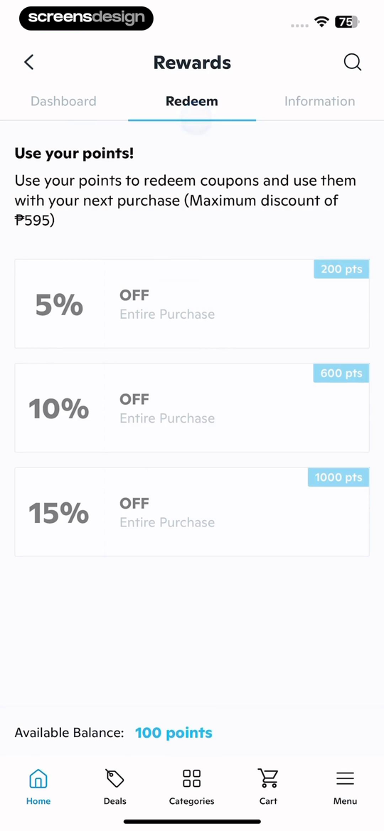 Wish: Shop and Save screen showing points become coupons with visible percentage discounts, point costs, and a maximum discount rule.