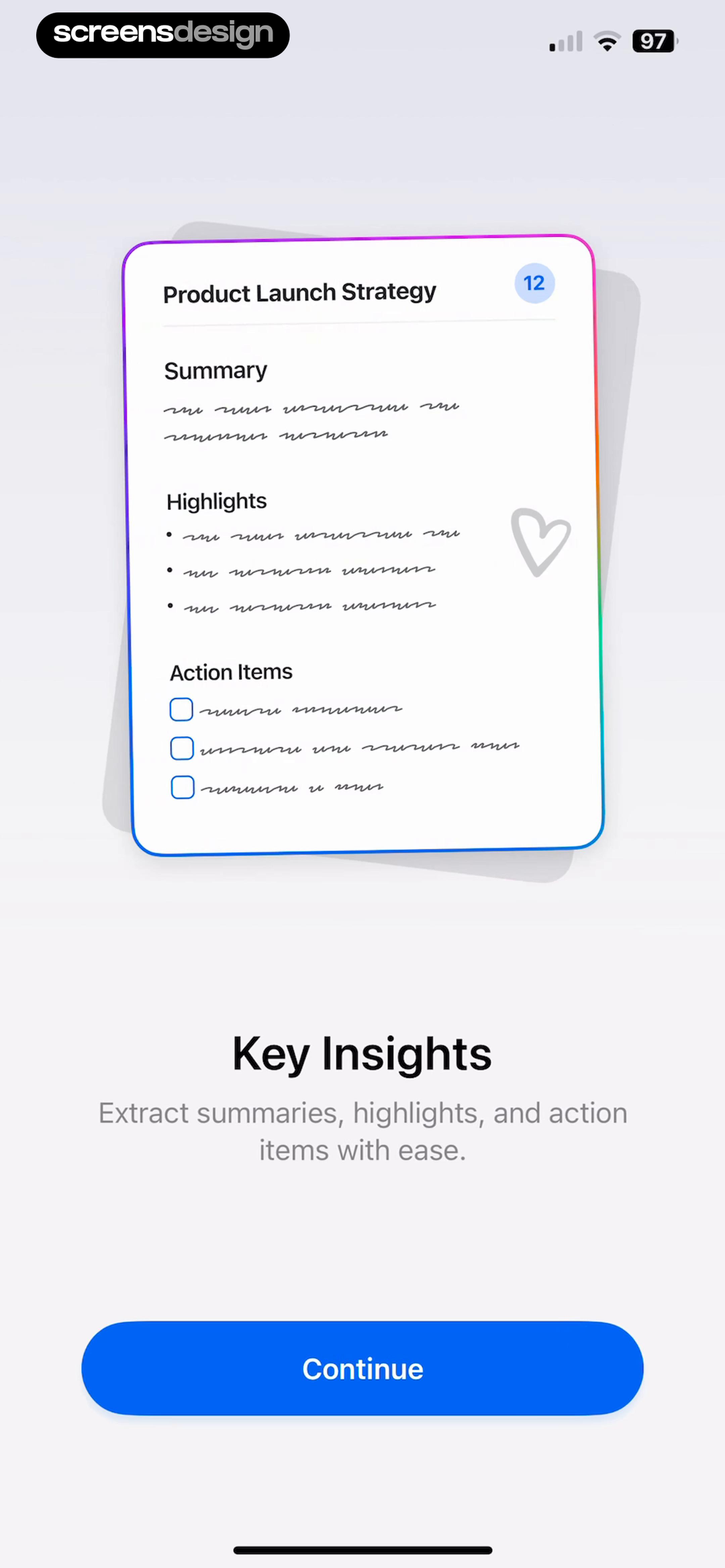 Echo onboarding screen showing the structure of an AI meeting summary