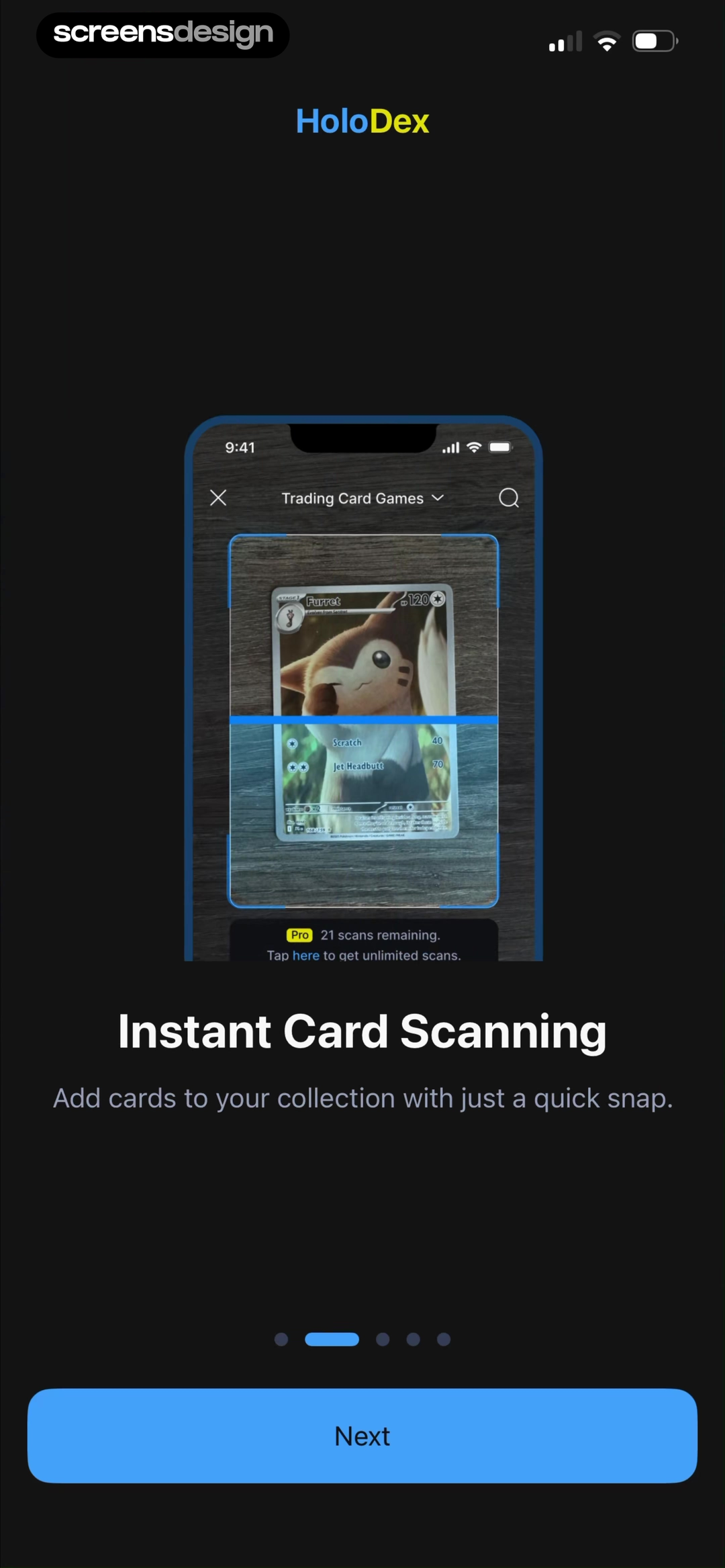 HoloDex onboarding screen about card scanning