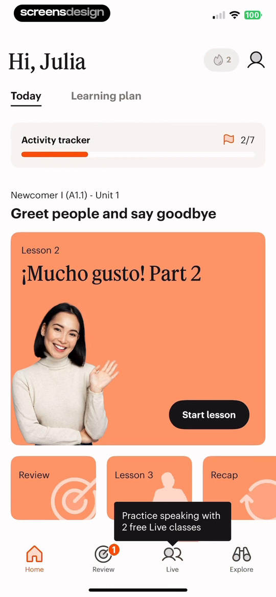 Babbel home dashboard with current lesson activity tracker review and live classes