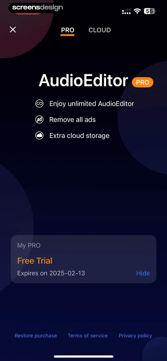 Audio Editor - Music editor mobile app screen showing Enjoy unlimited AudioEditor and Remove all ads