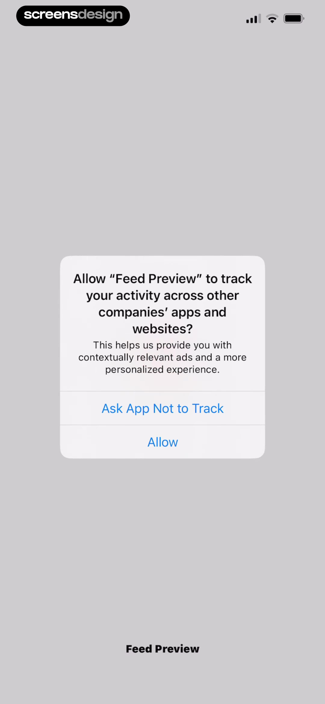 Feed Preview iOS App Tracking Transparency dialog shown immediately after launch