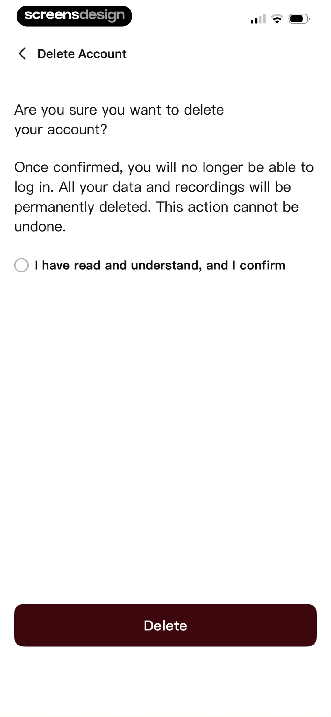 HiNoter screen showing login loss, recordings, permanent deletion, acknowledgement, and Delete share one confirmation