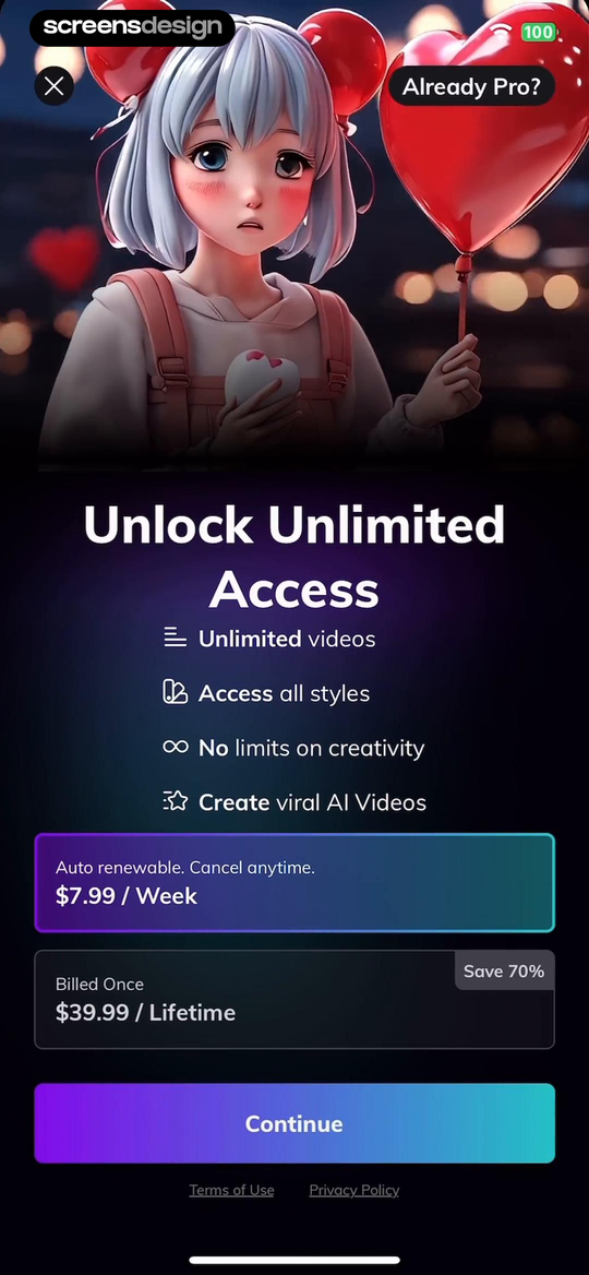 Livensa: AI Video Maker mobile app screen showing Unlock Unlimited Access and Unlimited videos