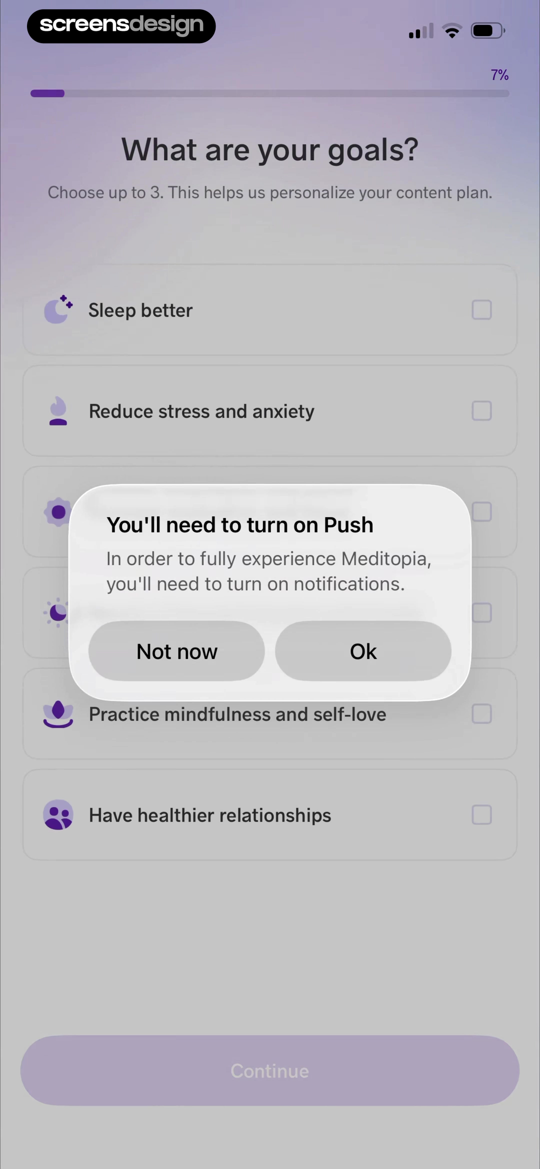 Meditopia: Sleep, Meditation screen showing up to three goals personalize content, while notification access is explained as a separate requirement.