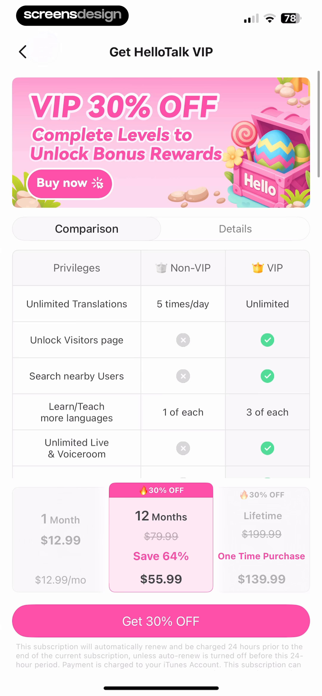 HelloTalk - Language Learning screen showing non-VIP and VIP privileges are shown in a comparison view before the discounted purchase action.