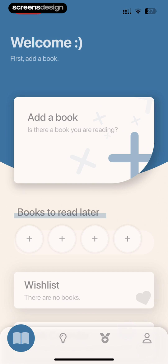 Bookmory empty home screen with First, add a book, Books to read later, and an empty Wishlist