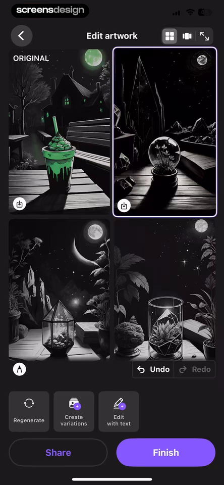 WOMBO Dream artwork editor with regenerate, variations, text editing, undo, redo, share, and finish
