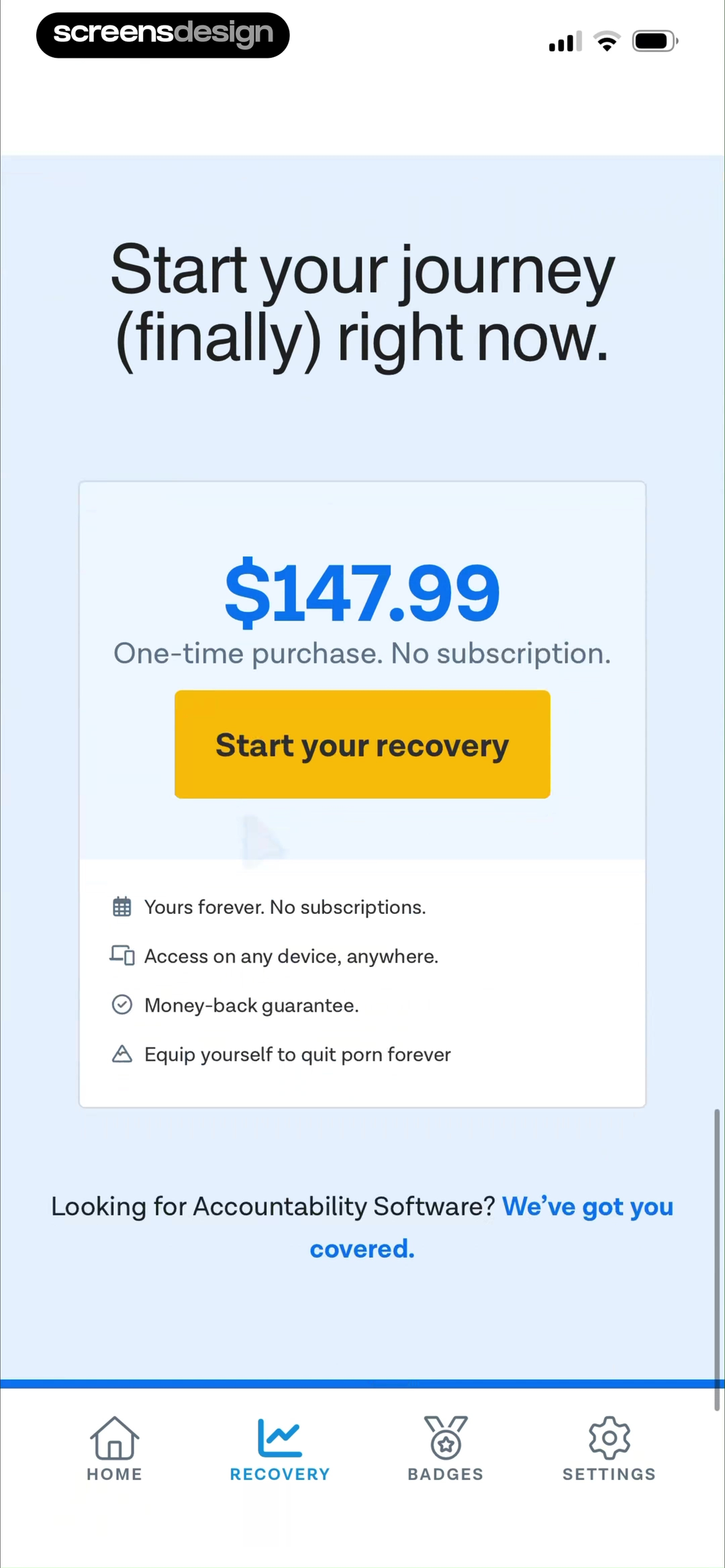 Ever Accountable - Full Safety mobile app screen showing Start your journey (finally) right now and One-time purchase. No subscription