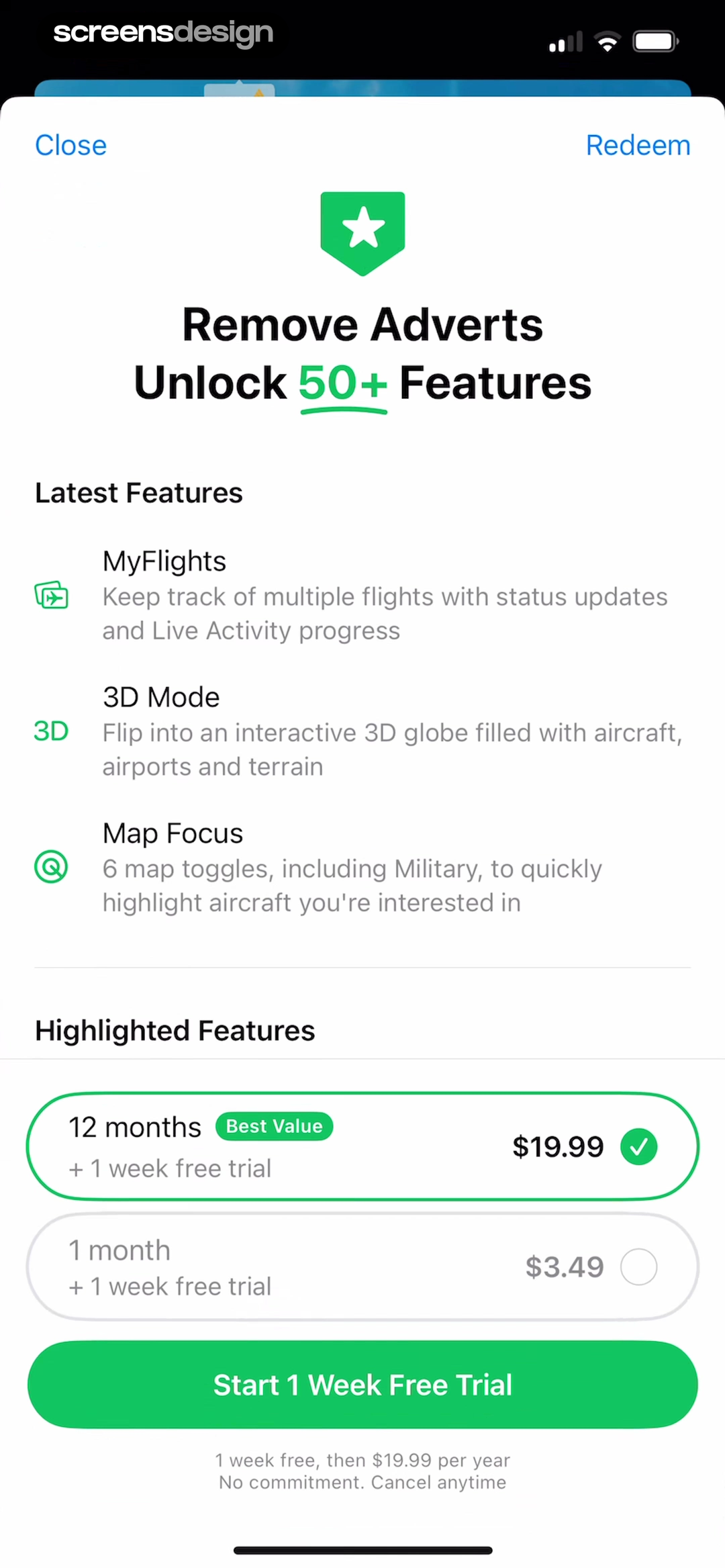 Plane Finder ⁃ Flight Tracker mobile app screen showing Remove Adverts and Unlock 50+ Features