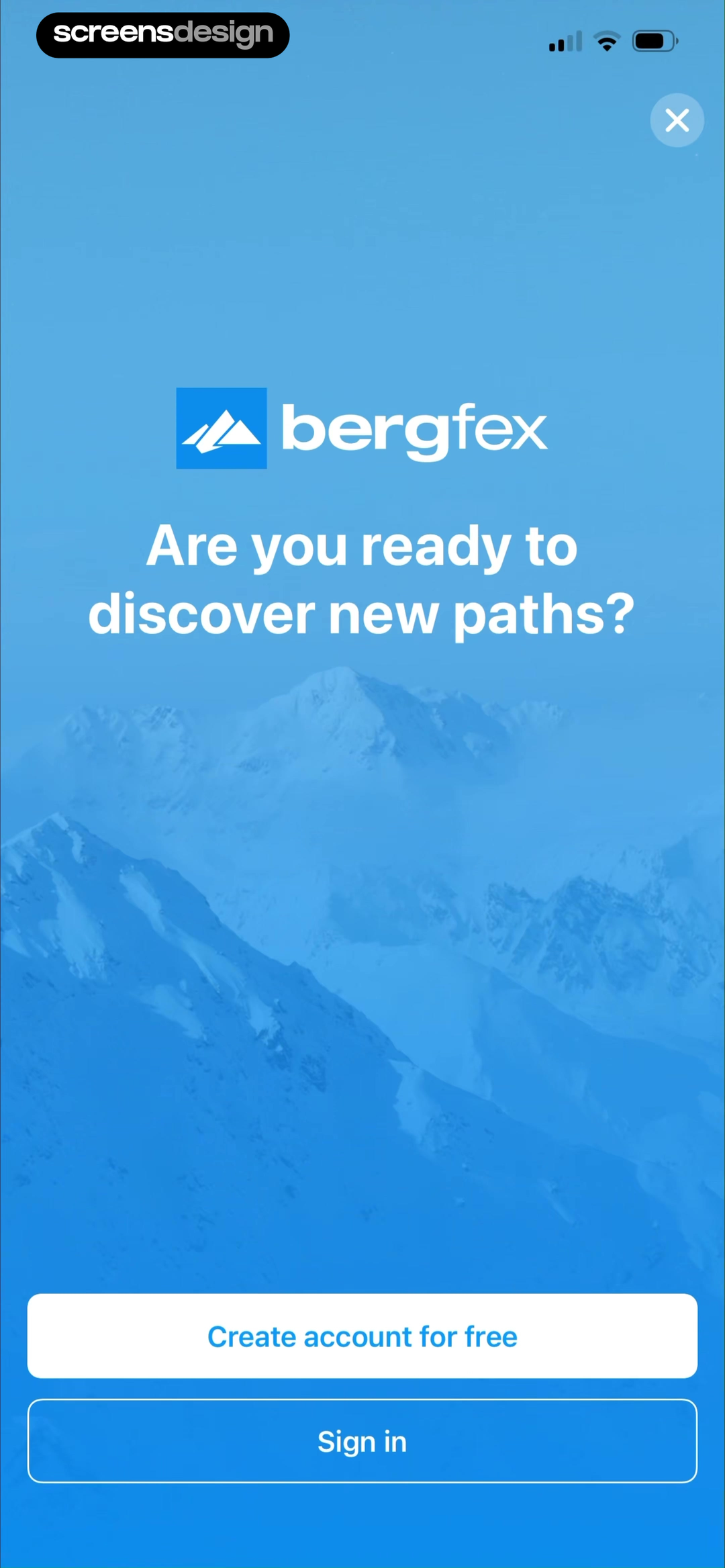 bergfex welcome screen offering account creation and sign in