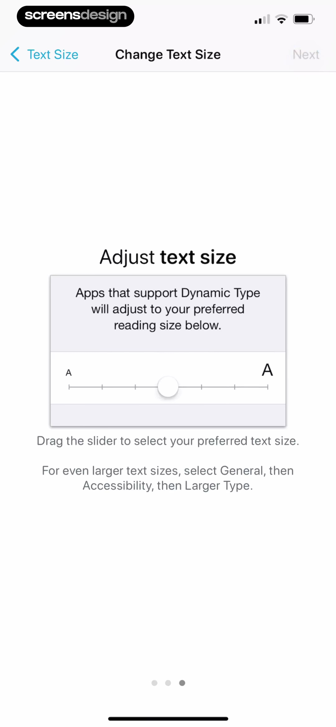 AnyList Dynamic Type instruction screen with the iOS text-size slider, small and large A labels, and larger-type guidance