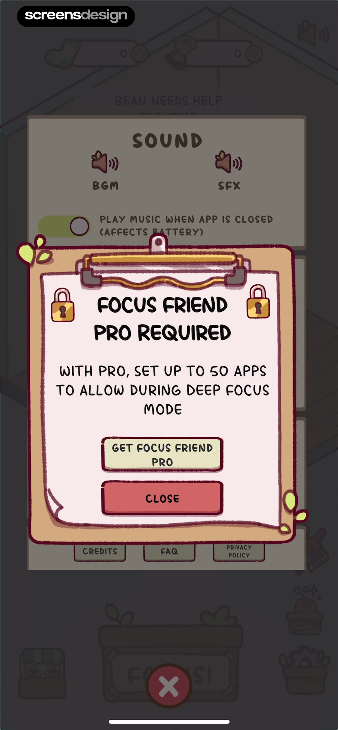 Focus Friend, by Hank Green screen showing the allowed-app limit is connected to deep focus with both Get Pro and Close actions