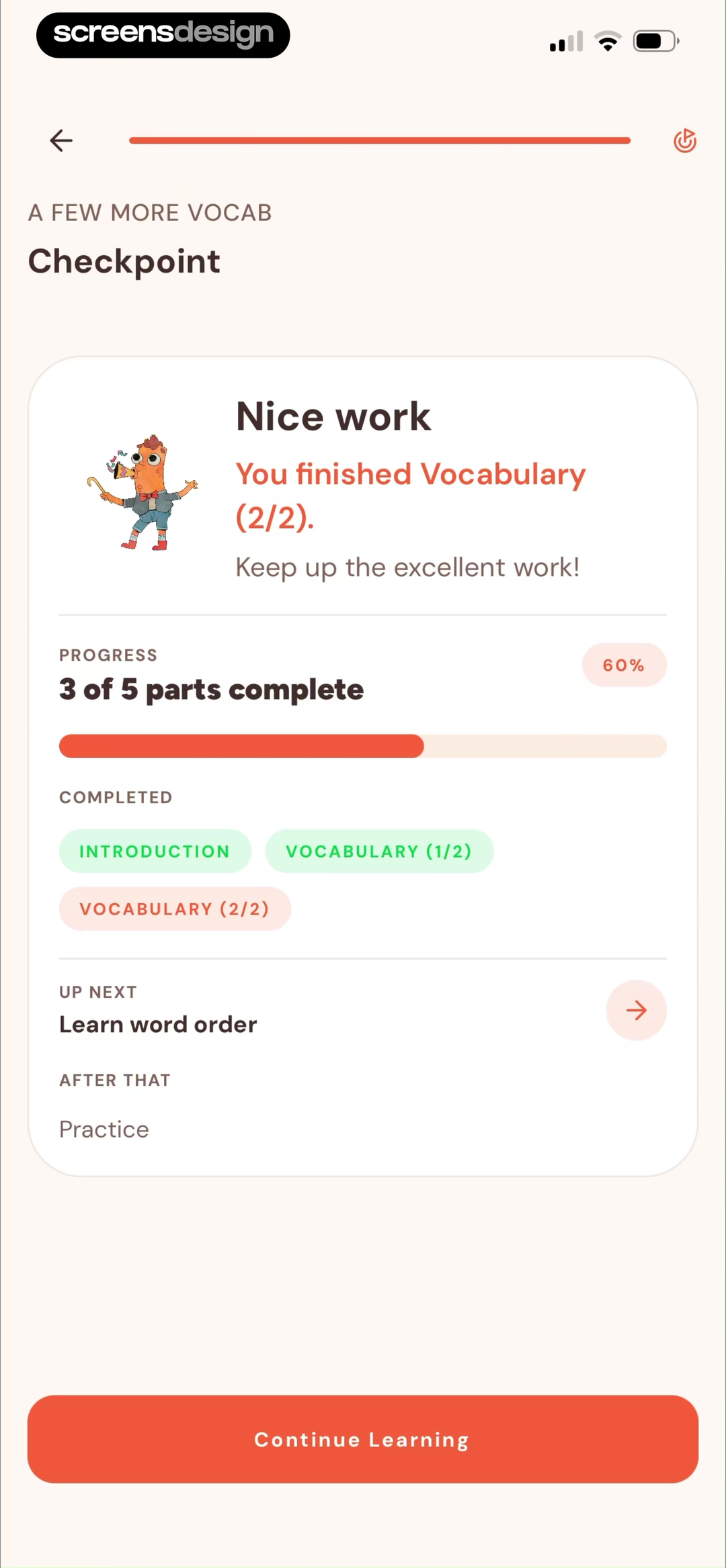 Tahanan screen showing a checkpoint shows three of five parts complete, the finished vocabulary, and the next task