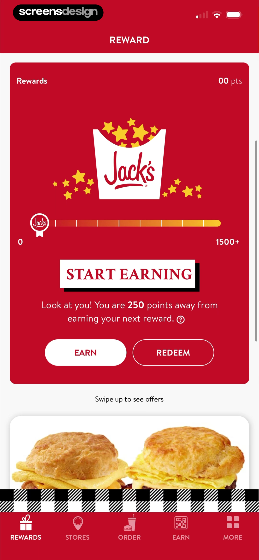 Jack's screen showing the balance, next 250-point reward, and Earn versus Redeem routes establish the immediate loyalty task.