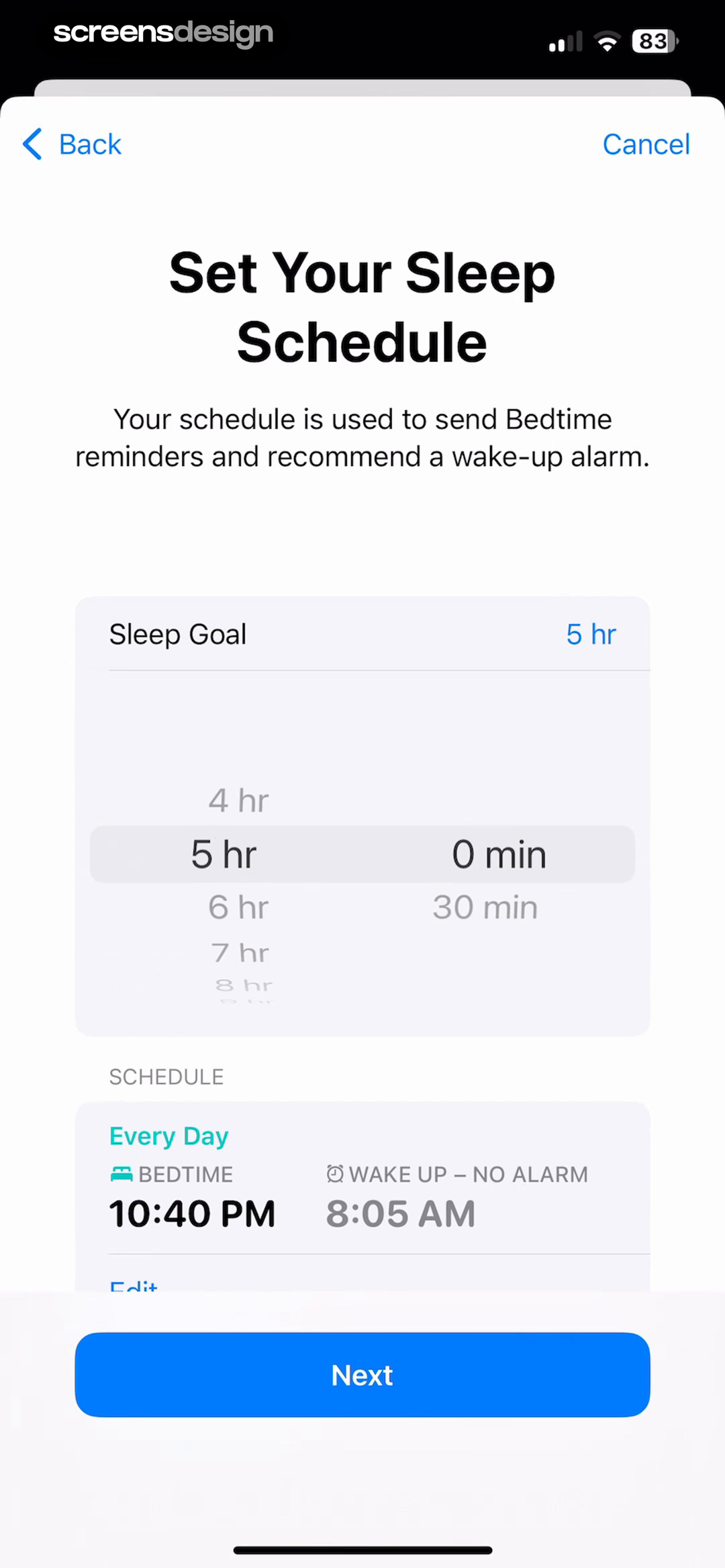 Apple Health screen showing sleep goal and schedule are tied to bedtime reminders and a recommended wake-up alarm.