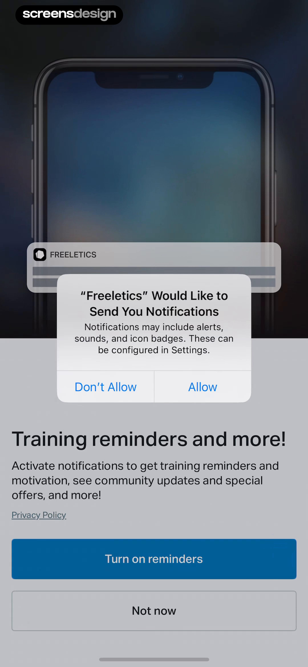 Freeletics screen showing training reminders, community updates, offers, Turn on reminders, and Not now share one prompt