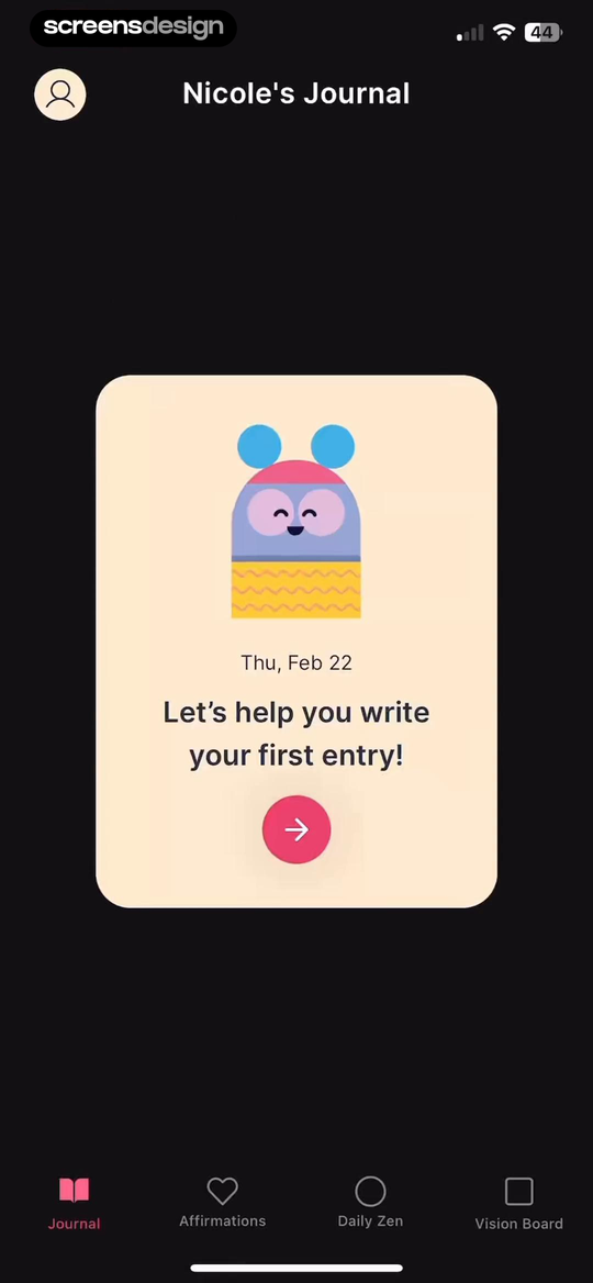 Gratitude journal home screen with a warm illustrated first-entry prompt on a dark canvas