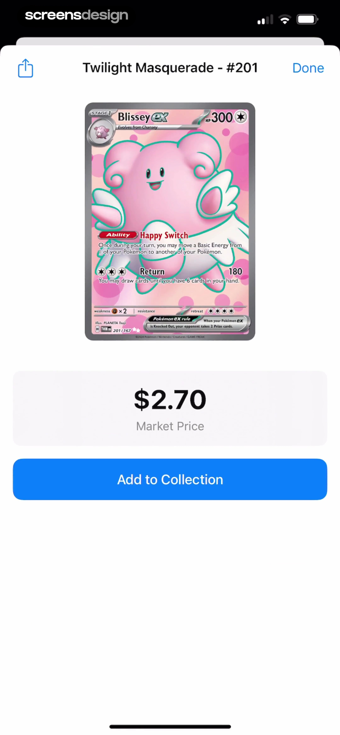 Scanemon trading card result with artwork set number market price and collection action