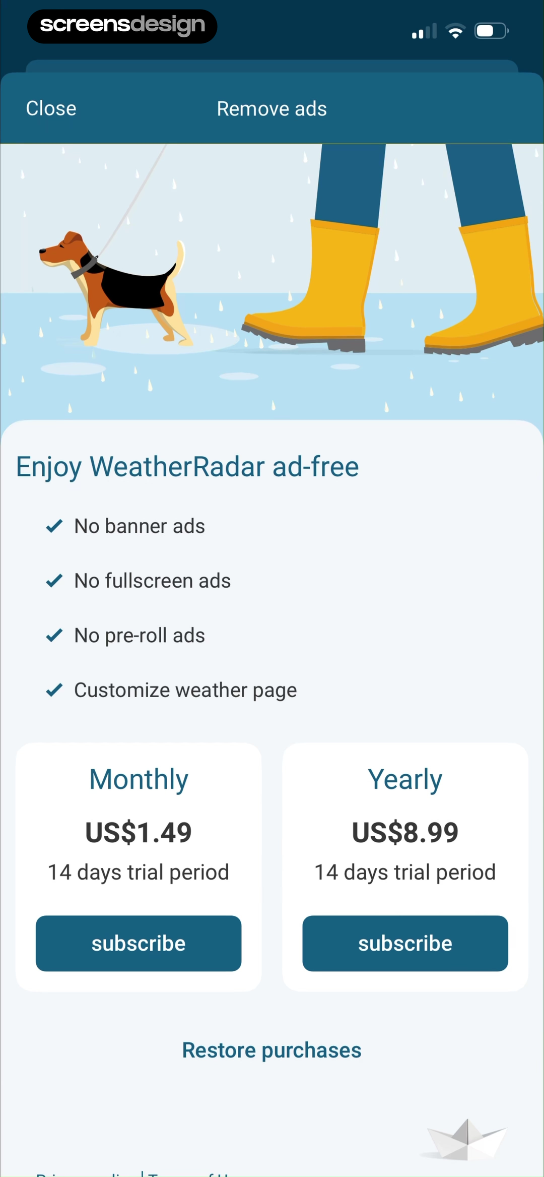Weather & Radar mobile app screen showing Remove ads and Enjoy WeatherRadar ad-free