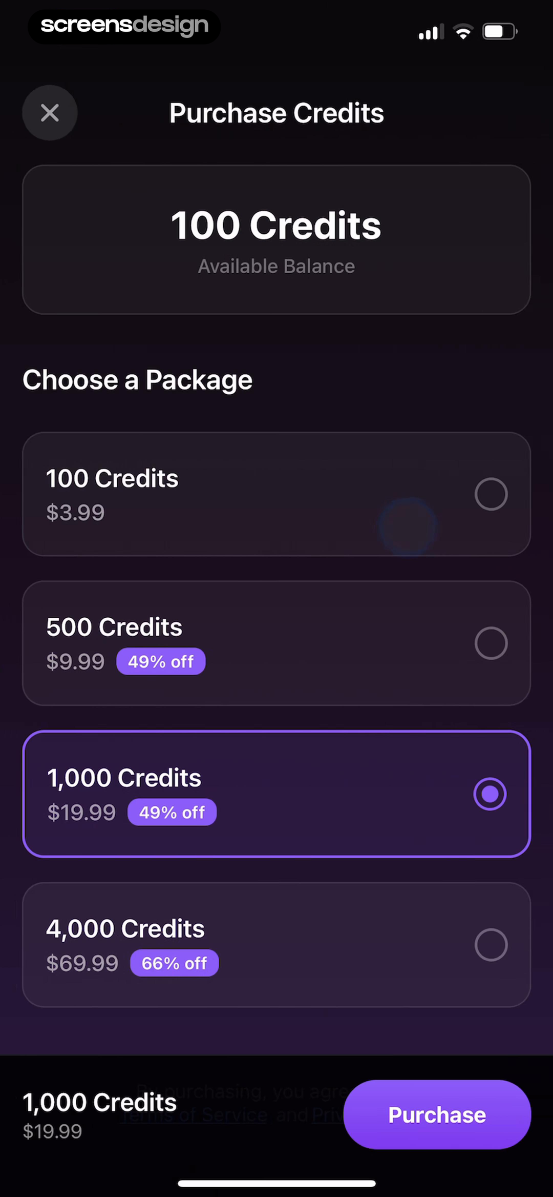 Ceo3 : AI Video Generator mobile app screen showing Purchase Credits and 100 Credits