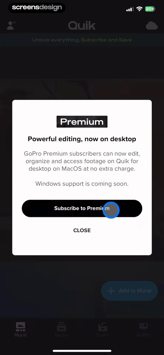 GoPro Quik screen showing the Premium message ties the upgrade to desktop editing, organizing, and media access