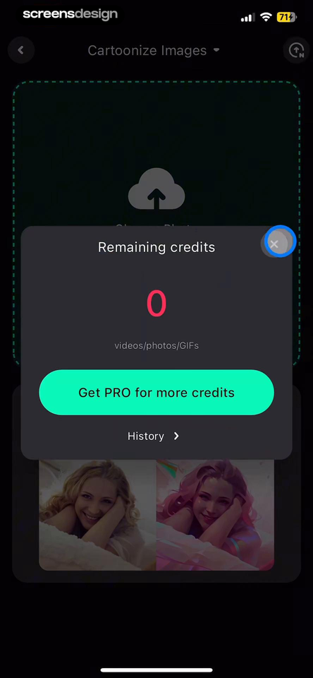 FaceMagic: AI face swap videos mobile app screen showing Cartoonize Images and Remaining credits