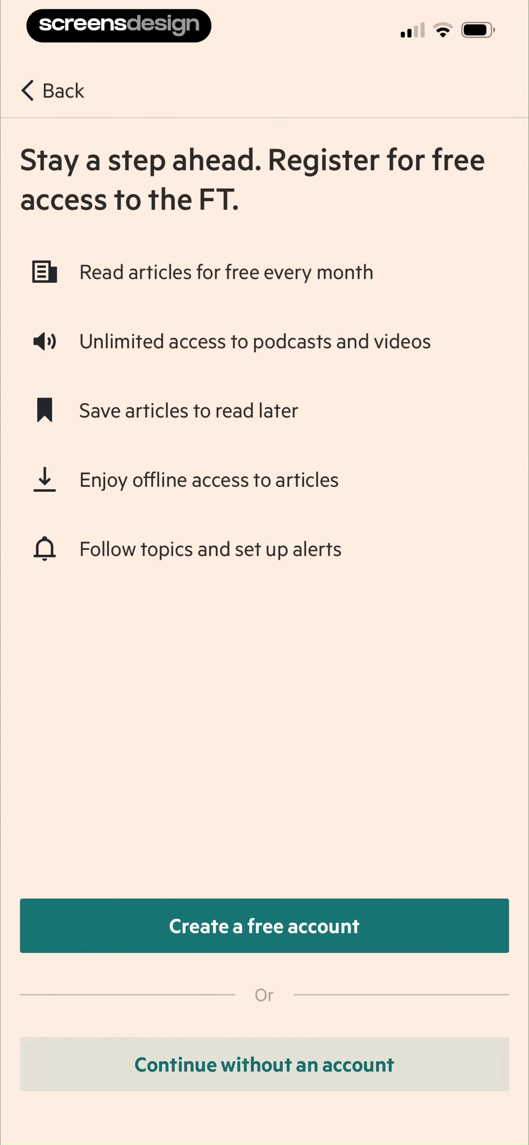 Financial Times registration screen listing saved-content benefits and a continue-without-account option