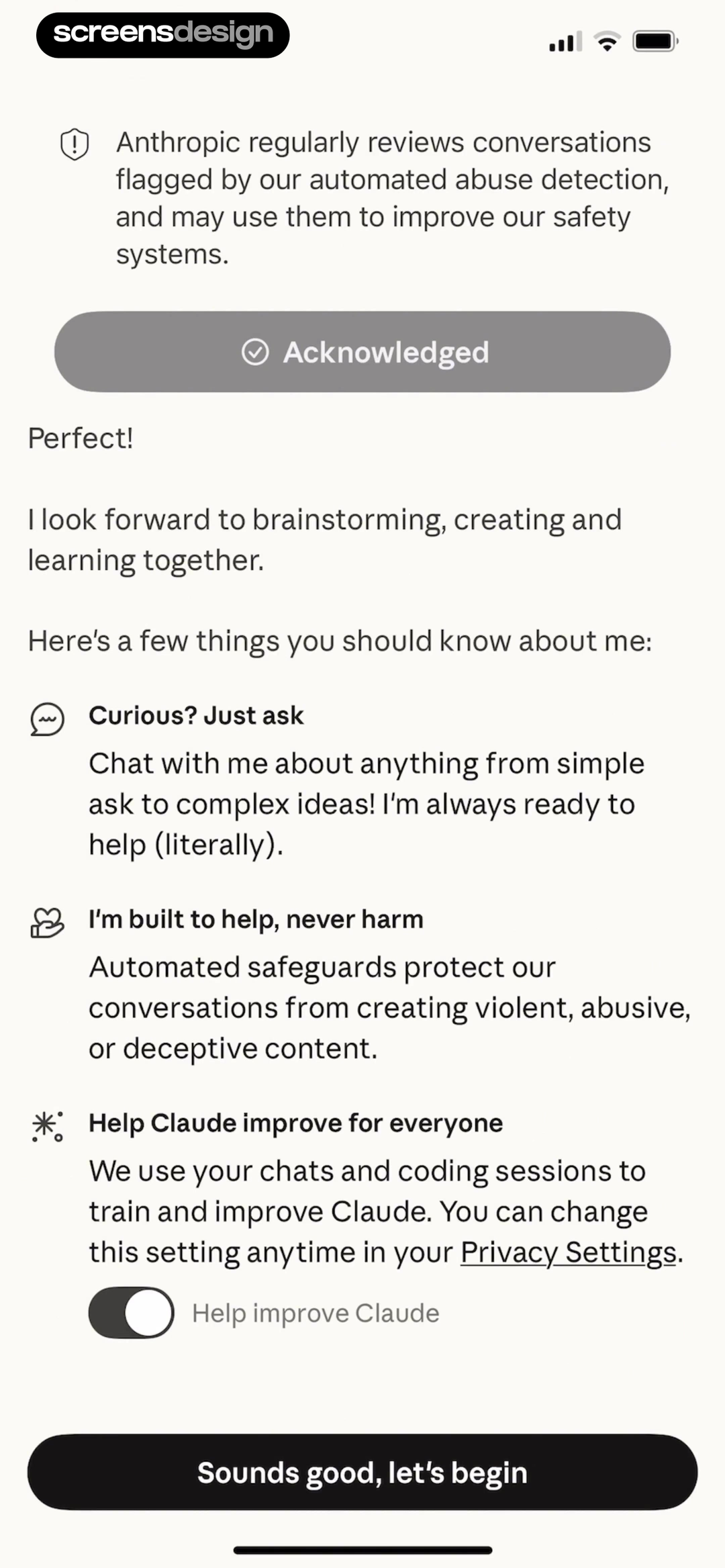 Claude onboarding completion with assistant capabilities and control statements