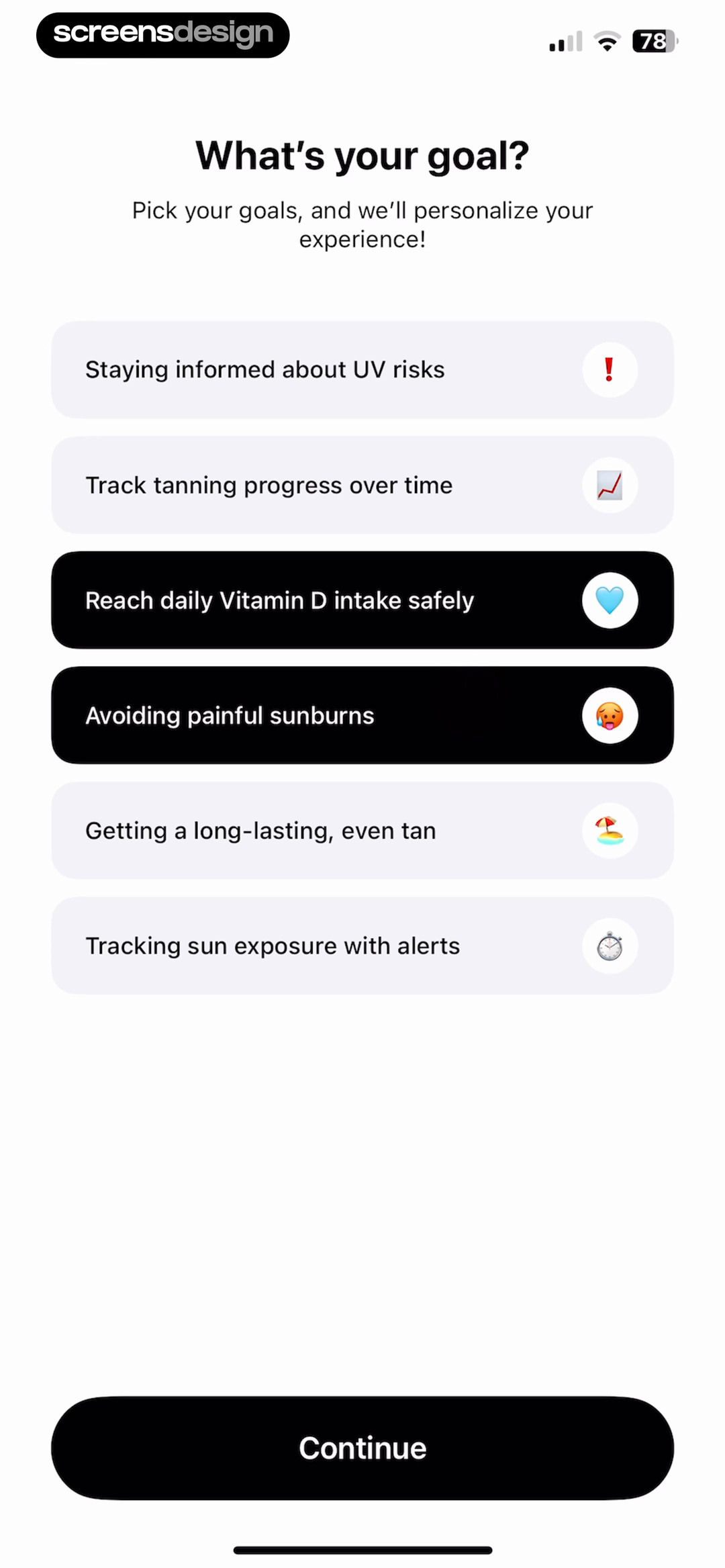 SunSafe onboarding with selectable health and tanning goals
