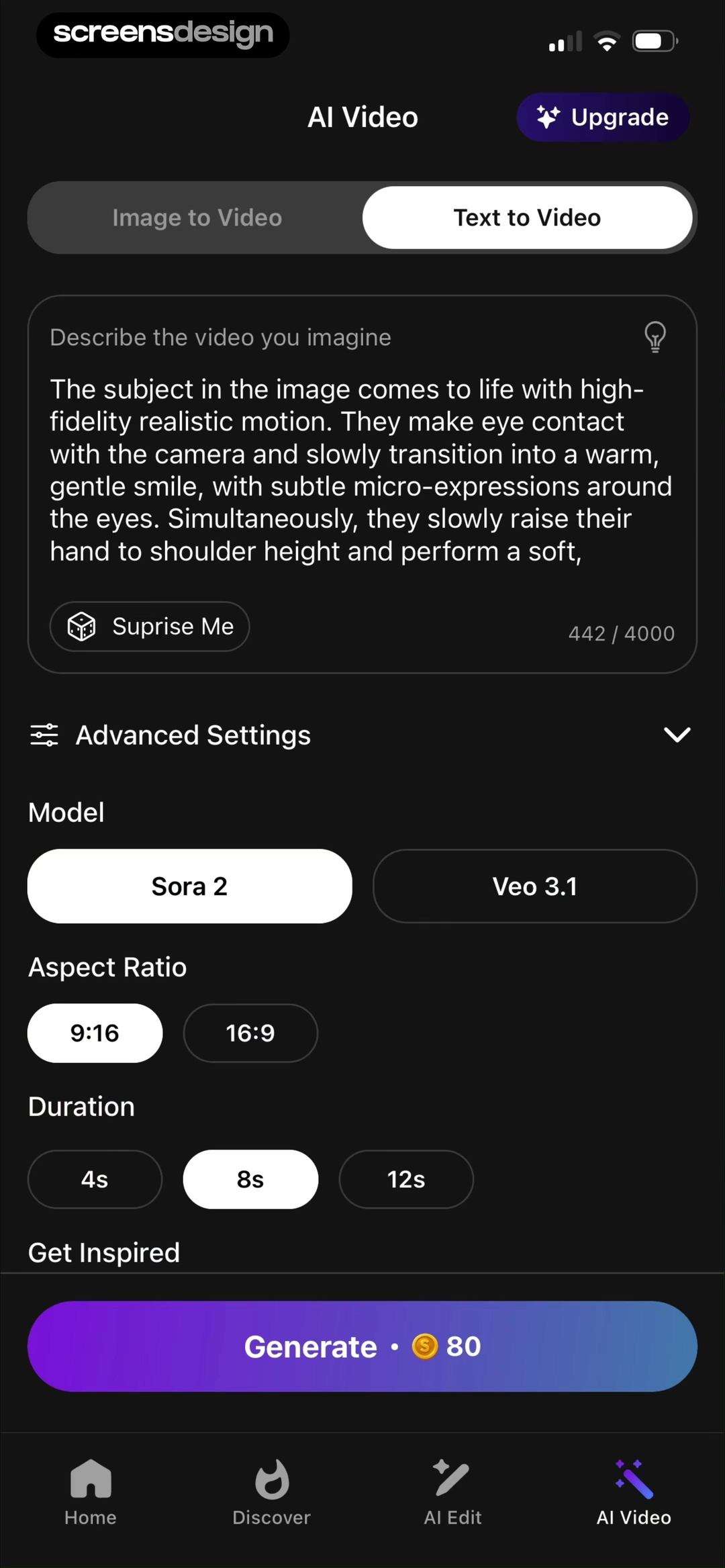 Shots AI video editor with prompt model aspect ratio duration and credit controls