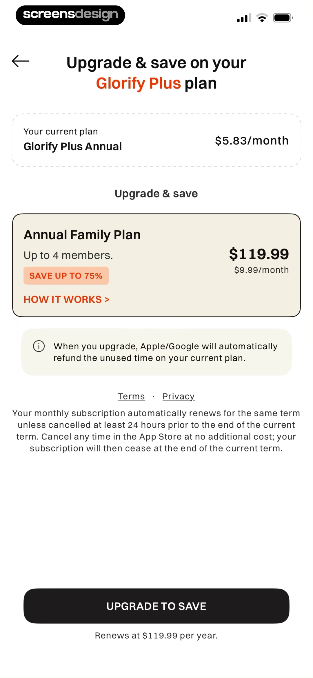 Glorify: Devotional & Prayer mobile app screen showing Upgrade & save on your Glorify Plus plan and Your current plan